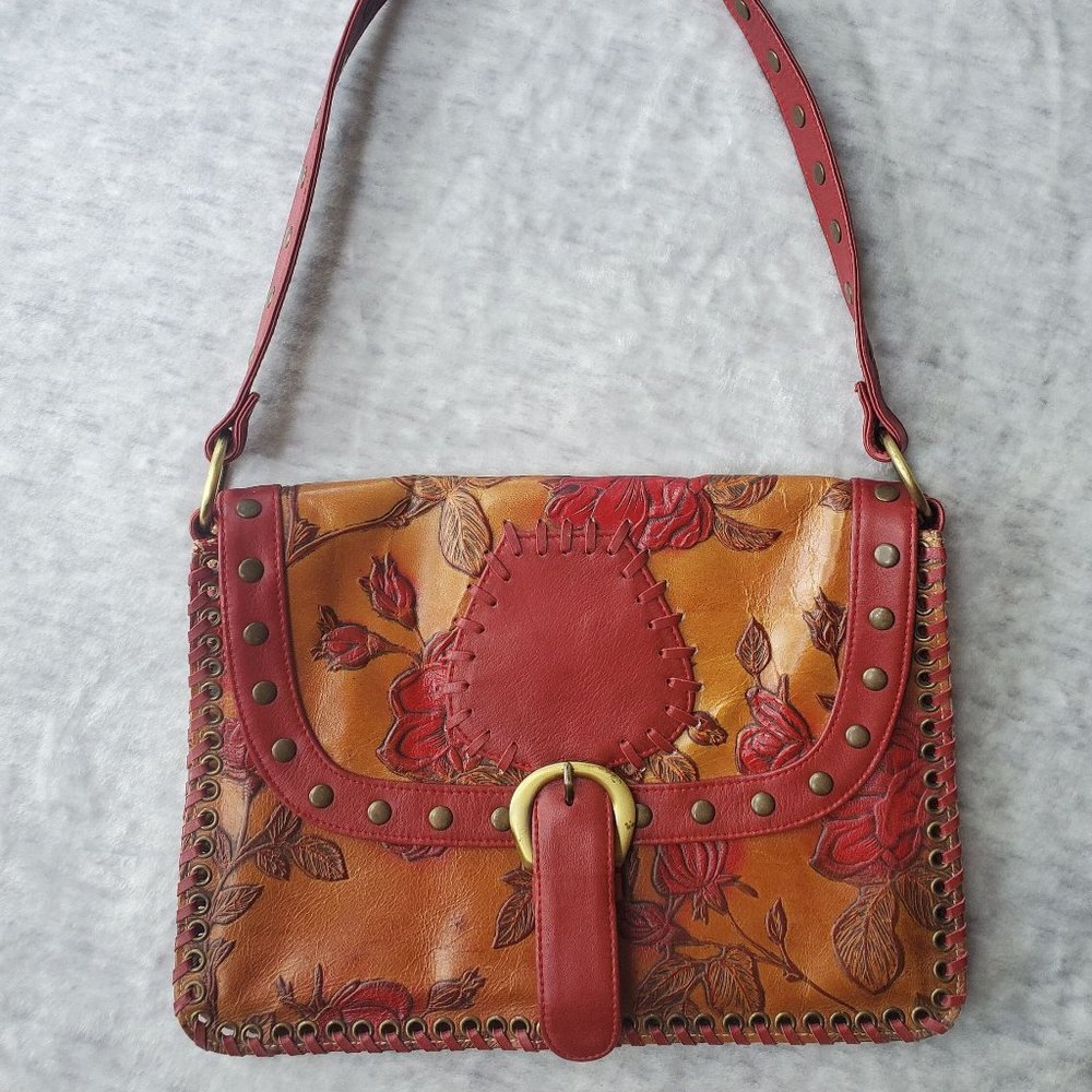 [SOLD] Isabella Fiore Rose Tooled Leather Whipstitch Shoulder Bag
